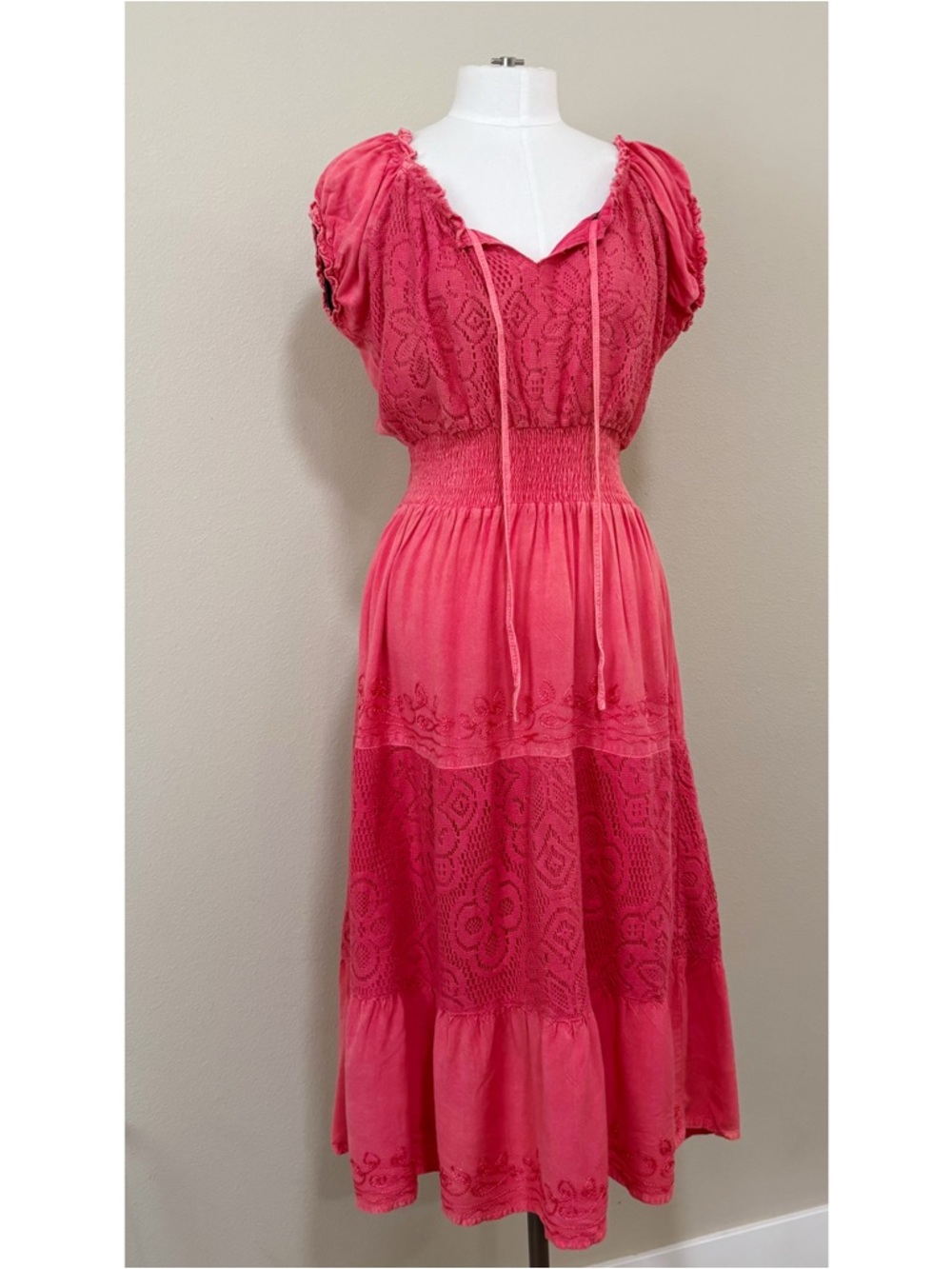 Feminine Coral Pink Midi Dress with Smocked Waist